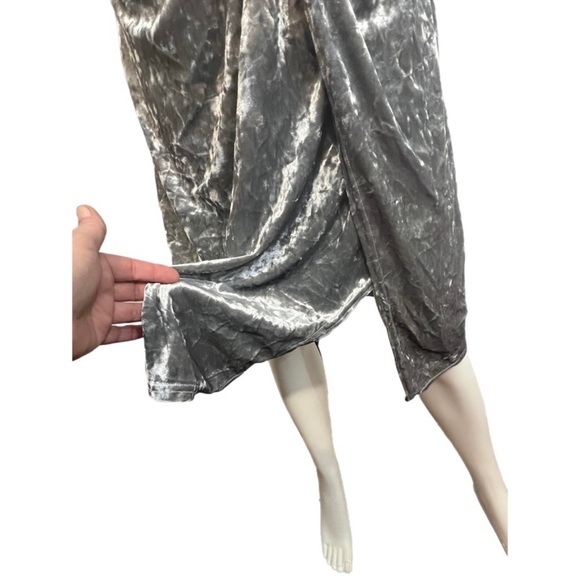 Silver Stretch Crushed Velvet Cocktail Party Midi Dress Ruched Waist, Sz12 - Picture 4 of 12